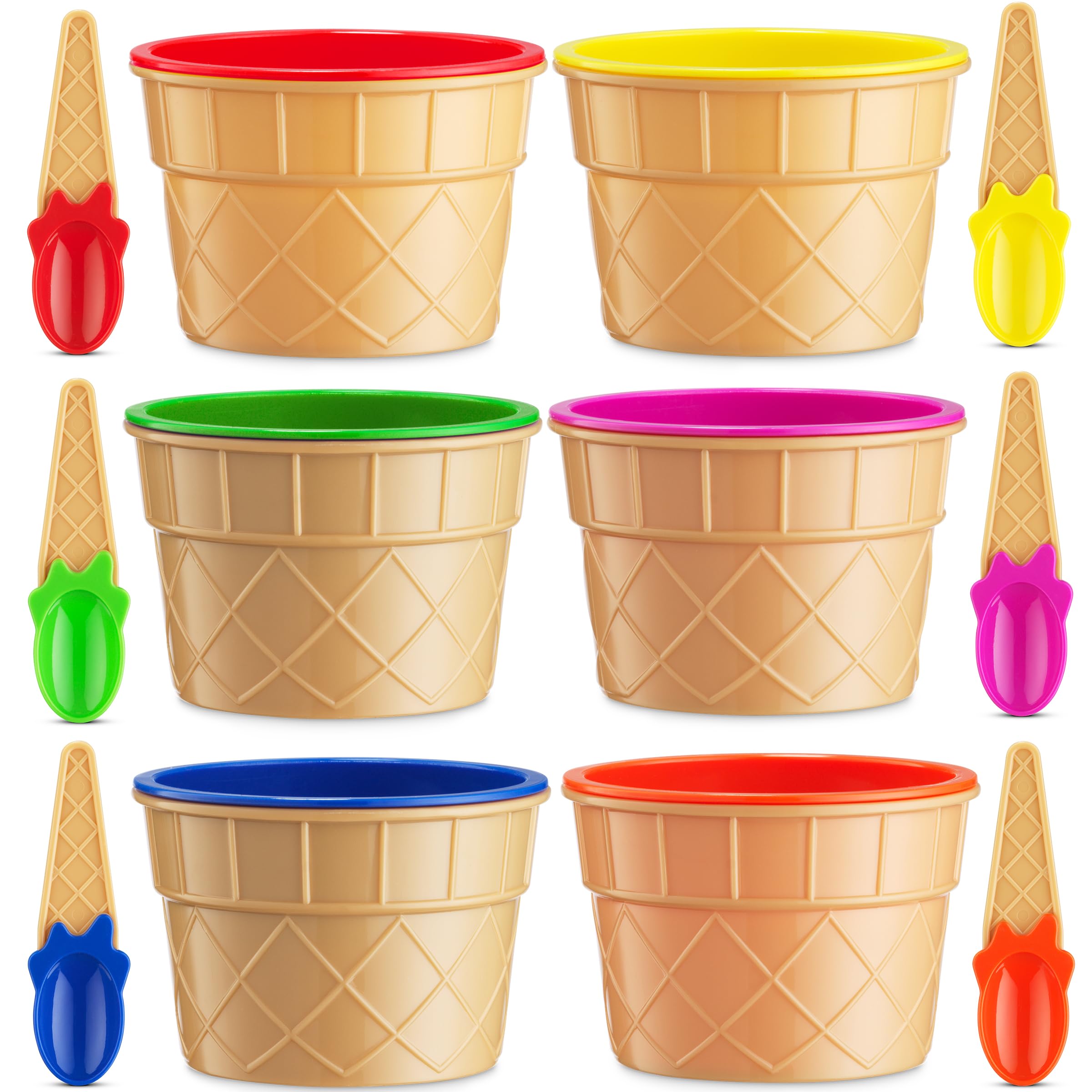 JoyServe Ice Cream Bowls and Spoons Set - Reusable Plastic Ice Cream Cups and Waffle Cone Shaped Spoons for Dessert Ice Cream Sundaes, Frozen Yogurt, Gelato, Birthday Party Decorations